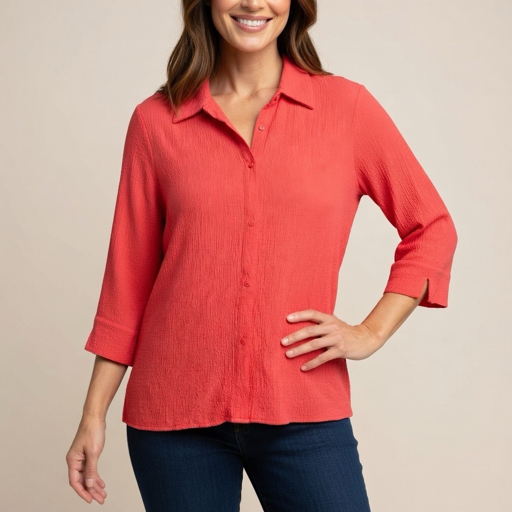 Alfred Dunner Coral Button Down 3/4 Sleeve Light Weight Blouse | Size L